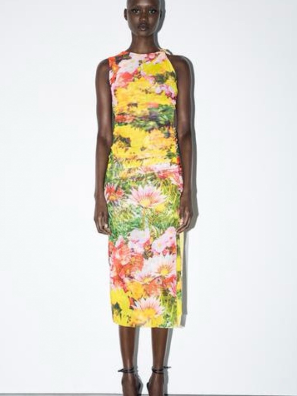 Zara Floral Printed Tulle Sleeveless Midi Dress